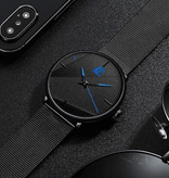 DIJANES Minimalistische Herrenuhr - Fashion Ultradünnes Business Quarzwerk Schwarz Blaues Lederarmband