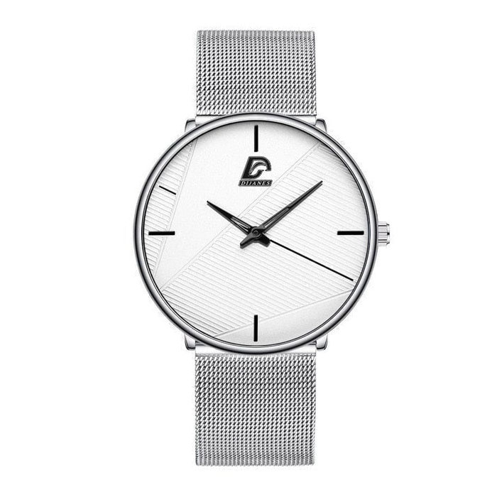 Minimalistische Herrenuhr - Fashion Ultradünnes Business Quarzwerk Weiß Silber Mesh-Armband