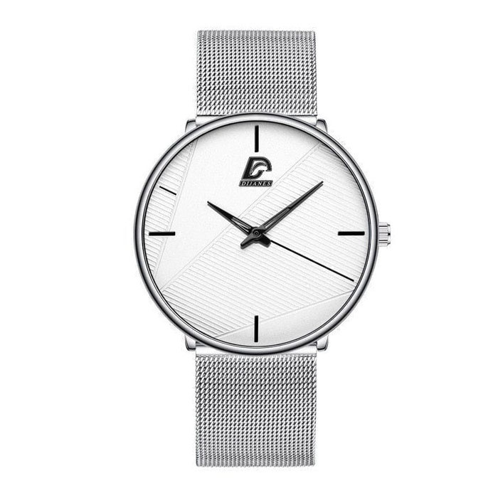 Montre minimaliste pour homme - Mouvement à quartz ultra-mince à la mode avec bracelet en maille argentée blanche