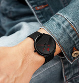 DIJANES Minimalistyczny zegarek dla mężczyzn - Moda Ultra-cienki biznesowy mechanizm kwarcowy Czarny czerwony pasek z siatki