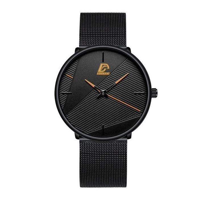 Minimalistyczny zegarek dla mężczyzn - Moda Ultra-cienki biznesowy mechanizm kwarcowy Czarny pomarańczowy pasek z siatki