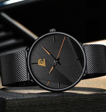 DIJANES Minimalistyczny zegarek dla mężczyzn - Moda Ultra-cienki biznesowy mechanizm kwarcowy Czarny niebieski pasek z siatki