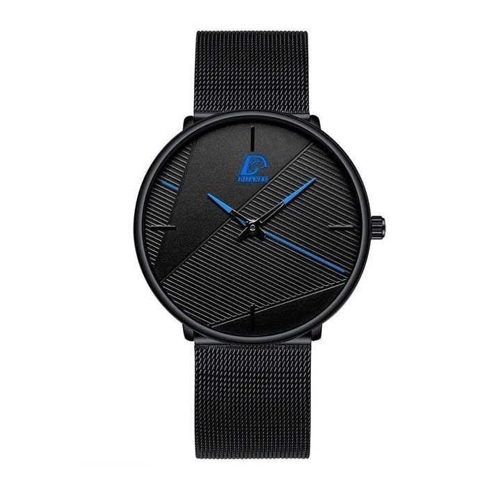 Minimalistyczny zegarek dla mężczyzn - Moda Ultra-cienki biznesowy mechanizm kwarcowy Czarny niebieski pasek z siatki