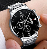 SHAARMS Luksusowy biznesowy zegarek dla mężczyzn — kalendarz z datownikiem z kwarcowym paskiem ze stali nierdzewnej z 3 tarczami pomocniczymi w kolorze czarnego złota