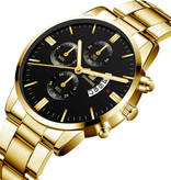 SHAARMS Reloj de negocios de lujo para hombre - Calendario de fecha con correa de acero inoxidable de cuarzo y 3 subesferas en oro negro