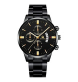SHAARMS Luksusowy biznesowy zegarek dla mężczyzn — kalendarz z datownikiem z kwarcowym paskiem ze stali nierdzewnej z 3 tarczami pomocniczymi w kolorze czarnego złota