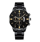 SHAARMS Montre d'affaires de luxe pour hommes - Calendrier de date avec bracelet en acier inoxydable à quartz avec 3 sous-cadrans en or noir