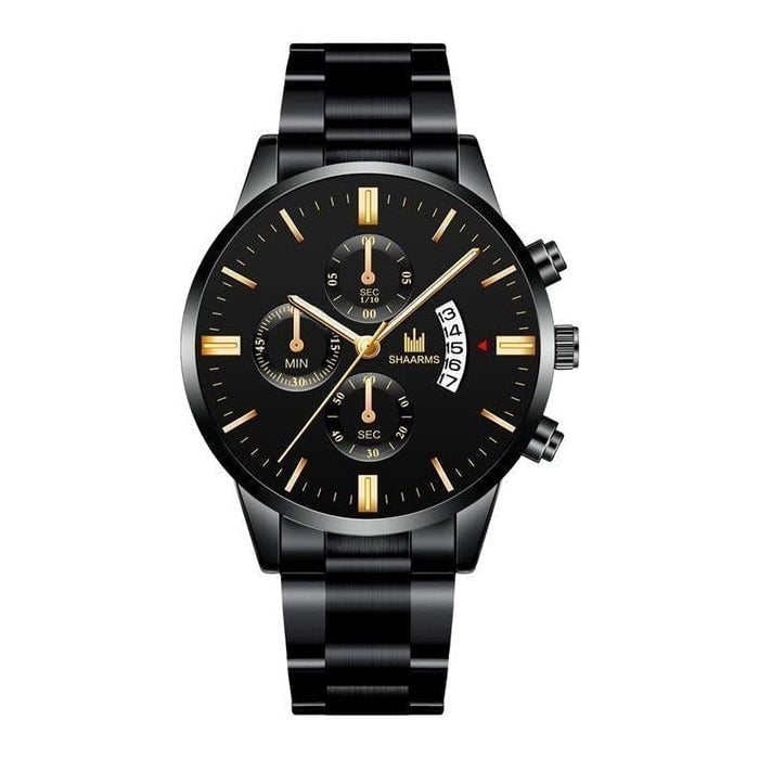 Reloj de negocios de lujo para hombre - Calendario de fecha con correa de acero inoxidable de cuarzo y 3 subesferas en oro negro