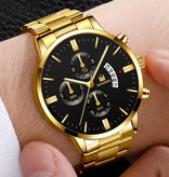 SHAARMS Luksusowy biznesowy zegarek dla mężczyzn — kalendarz z datownikiem ze stali nierdzewnej z kwarcem i 3 tarczami w kolorze czarnego różowego złota