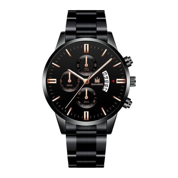 Reloj de negocios de lujo para hombre - Cuarzo con correa de acero inoxidable Calendario de fechas con 3 subesferas Negro Oro rosa