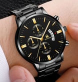 SHAARMS Luxury Business Watch for Men - Quartz Stainless Steel Strap Date Calendar with 3 Subdials Black Silver