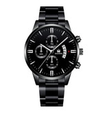 SHAARMS Luksusowy biznesowy zegarek dla mężczyzn — kalendarz z datownikiem z kwarcowym paskiem ze stali nierdzewnej z 3 tarczami pomocniczymi w kolorze czarnym srebrnym