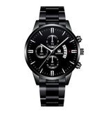 SHAARMS Luxury Business Watch for Men - Quartz Stainless Steel Strap Date Calendar with 3 Subdials Black Silver