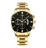 SHAARMS Reloj de negocios de lujo para hombre - Calendario de fecha con correa de acero inoxidable de cuarzo con 3 subesferas Dorado Negro