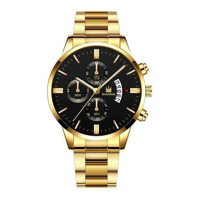 Reloj de negocios de lujo para hombre - Calendario de fecha con correa de acero inoxidable de cuarzo con 3 subesferas Dorado Negro