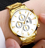 SHAARMS Luxury Business Watch for Men - Quartz Stainless Steel Strap Date Calendar with 3 Subdials Gold White