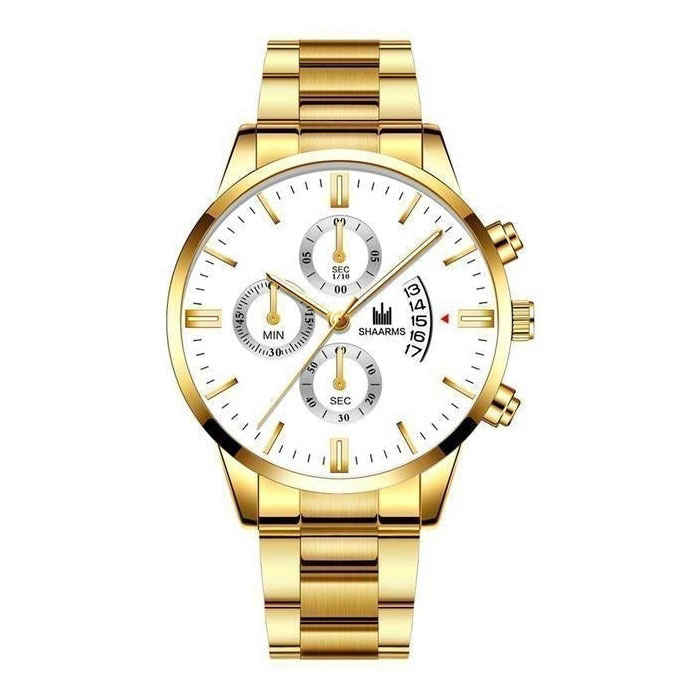 Luksusowy biznesowy zegarek dla mężczyzn — kalendarz z datownikiem ze stali nierdzewnej z kwarcem i 3 tarczami w kolorze złotym