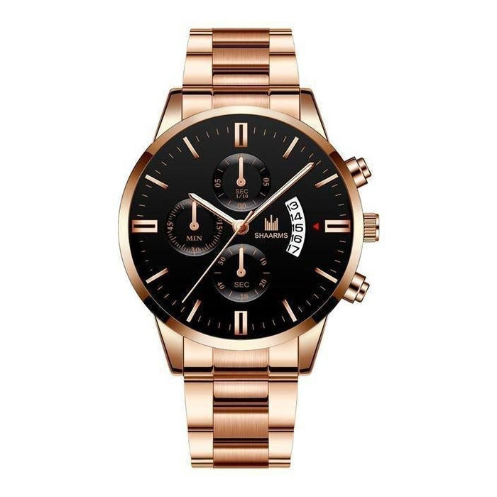 Reloj de negocios de lujo para hombres - Calendario de fecha con correa de acero inoxidable de cuarzo con 3 subesferas Oro rosa Negro