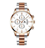 SHAARMS Montre d'affaires de luxe pour hommes - Calendrier de date avec bracelet en acier inoxydable à quartz avec 3 sous-cadrans Or rose et argent