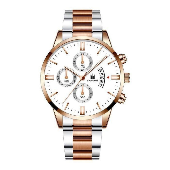 Luxury Business Watch for Men - Quartz Stainless Steel Strap Date Calendar with 3 Subdials Rose Gold Silver