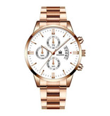 SHAARMS Reloj de negocios de lujo para hombre, calendario de fecha con correa de acero inoxidable de cuarzo y 3 subesferas, oro rosa, blanco