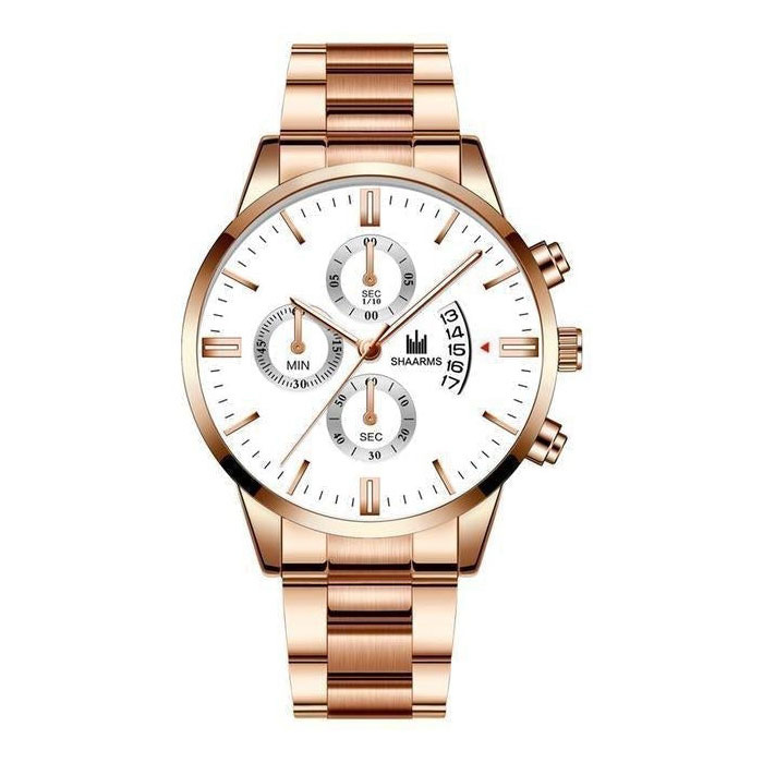 Luksusowy biznesowy zegarek dla mężczyzn — kalendarz z datownikiem ze stali nierdzewnej z kwarcem i 3 tarczami w kolorze różowego złota, biały