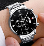 SHAARMS Montre d'affaires de luxe pour hommes - Calendrier de date avec bracelet en acier inoxydable à quartz avec 3 sous-cadrans argent noir