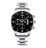 SHAARMS Montre d'affaires de luxe pour hommes - Calendrier de date avec bracelet en acier inoxydable à quartz avec 3 sous-cadrans argent noir