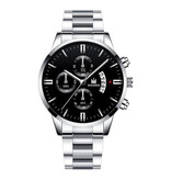 SHAARMS Reloj de negocios de lujo para hombres - Calendario de fecha con correa de acero inoxidable de cuarzo con 3 subesferas plateado negro