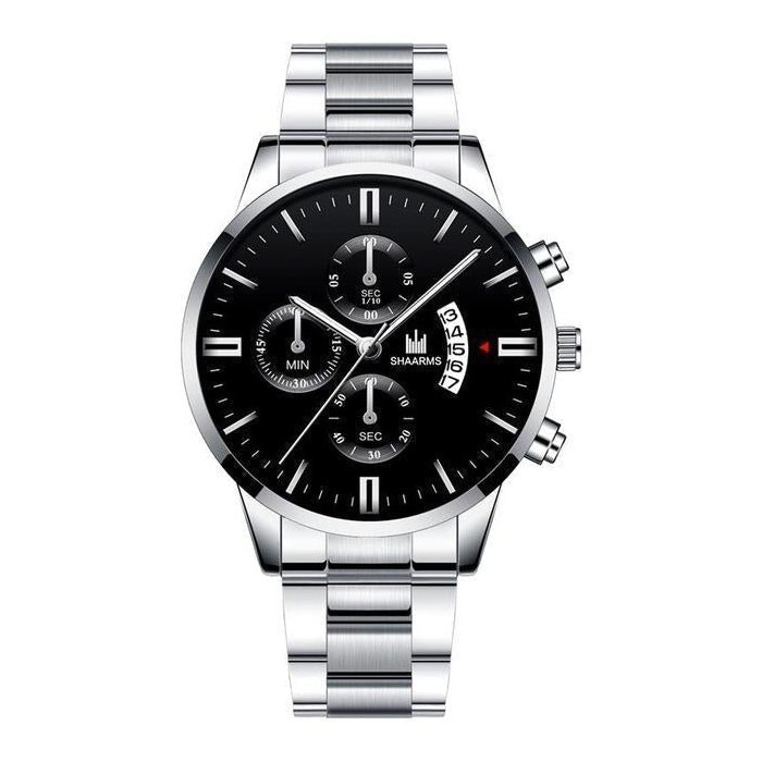 Luksusowy biznesowy zegarek dla mężczyzn — kalendarz z datownikiem z kwarcowym paskiem ze stali nierdzewnej z 3 tarczami pomocniczymi w kolorze srebrno-czarnym