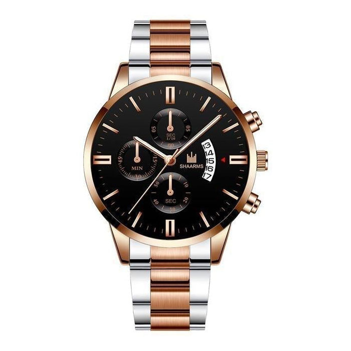 Montre d'affaires de luxe pour hommes - Calendrier de date avec bracelet en acier inoxydable à quartz avec 3 sous-cadrans Or rose Argent Noir