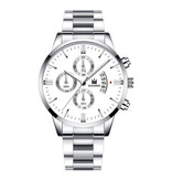 SHAARMS Luxe Zakelijk Horloge voor Heren - Kwarts Roestvrij Staal Bandje Datum Kalender met 3 Subdials Zilver Wit