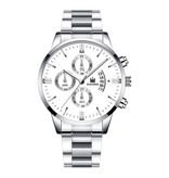 SHAARMS Luxury Business Watch for Men - Quartz Stainless Steel Strap Date Calendar with 3 Subdials Silver White