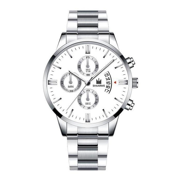 Luksusowy zegarek biznesowy dla mężczyzn — kalendarz z datownikiem ze stali nierdzewnej z kwarcem i 3 tarczami pomocniczymi w kolorze srebrno-białym