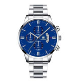 SHAARMS Luxury Business Watch for Men - Quartz Stainless Steel Strap Date Calendar with 3 Subdials Silver Blue