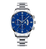 SHAARMS Reloj de negocios de lujo para hombre - Calendario de fecha con correa de acero inoxidable de cuarzo con 3 subesferas plateado azul