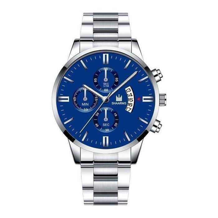 Reloj de negocios de lujo para hombre - Calendario de fecha con correa de acero inoxidable de cuarzo con 3 subesferas plateado azul