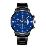 SHAARMS Luksusowy zegarek biznesowy dla mężczyzn — kalendarz z datownikiem z kwarcowym paskiem ze stali nierdzewnej z 3 tarczami pomocniczymi w kolorze czarnym, niebieskim