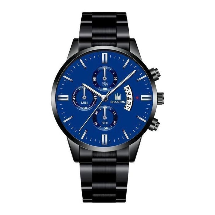 Luksusowy zegarek biznesowy dla mężczyzn — kalendarz z datownikiem z kwarcowym paskiem ze stali nierdzewnej z 3 tarczami pomocniczymi w kolorze czarnym, niebieskim