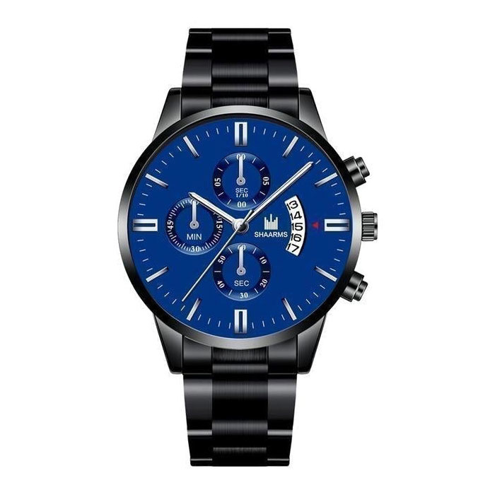 Reloj de negocios de lujo para hombre - Calendario de fecha con correa de acero inoxidable de cuarzo con 3 subesferas Negro Azul