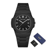 PINTIME Montre de luxe givrée pour homme - Mouvement à quartz en acier inoxydable avec boîte de rangement Noir