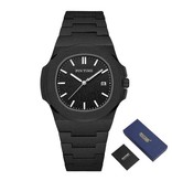PINTIME Reloj de lujo esmerilado para hombre - Movimiento de cuarzo de acero inoxidable con caja de almacenamiento Negro