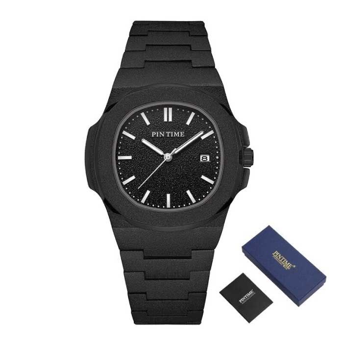 Reloj de lujo esmerilado para hombre - Movimiento de cuarzo de acero inoxidable con caja de almacenamiento Negro