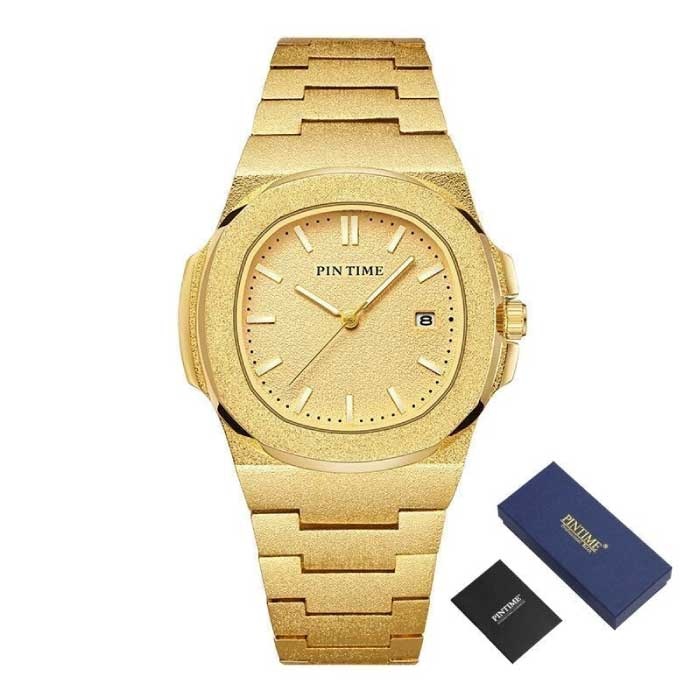 Matowy luksusowy zegarek dla mężczyzn – mechanizm kwarcowy ze stali nierdzewnej ze schowkiem, złoty