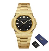 PINTIME Frosted Luxury Watch for Men - Stainless Steel Quartz Movement with Storage Box Gold Black