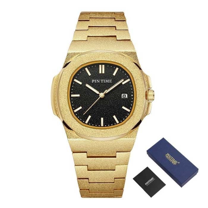 Reloj de lujo esmerilado para hombre - Movimiento de cuarzo de acero inoxidable con caja de almacenamiento Oro Negro