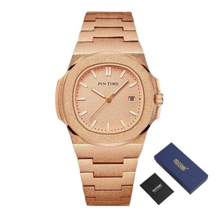 Frosted Luxury Watch for Men - Stainless Steel Quartz Movement with Storage Case Rose Gold