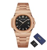 PINTIME Montre de luxe givrée pour homme - Mouvement à quartz en acier inoxydable avec boîtier en or rose noir