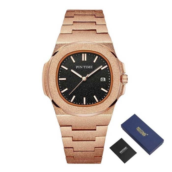 Reloj de lujo mate para hombre - Movimiento de cuarzo de acero inoxidable con caja Oro rosa Negro