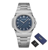 PINTIME Montre de luxe givrée pour homme - Mouvement à quartz en acier inoxydable avec boîte de rangement Argent bleu